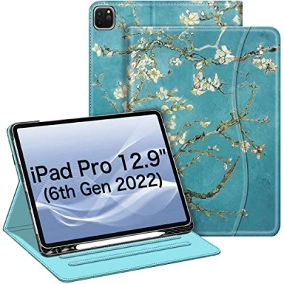 Afbeelding van FINTIE Hoesje compatibel met iPad Pro 12,9 inch (2022/2021/2020/2018, 6e/5e/4e/3e generatie), slimme standhoes meerdere hoeken potloodhouder en zak, automatisch slapen/waken, bloesem
