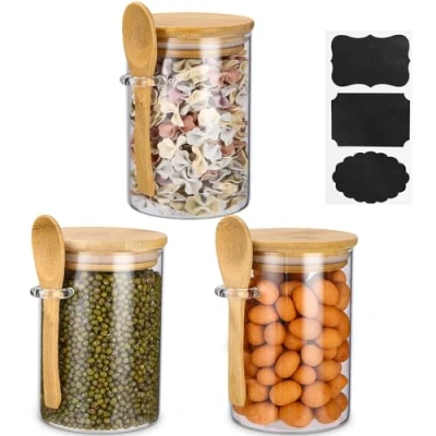 Afbeelding van Voorraaddozen, glas, set van 3, voorraadpotten met deksel en lepel, luchtdichte bewaarpotten, bescherming tegen getijden insecten, 540 ml Overnight havermoutpotten, voor meel, granen