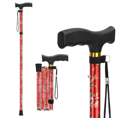 Afbeelding van supregear Opvouwbare Wandelstok, Lichtgewicht 5 Niveaus Verstelbare Stok met Polsband en T Handvat, Reiswandelstok voor Ouderen Gehandicapte Mannen Vrouwen, Balanceringshulpmiddel, Bloemen Rood