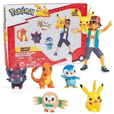 Afbeelding van Pokémon Battle Ready! Figuurset, 6 stuks 11,4 cm Ash &amp; Launching Pikachu, 2&quot; Charmander, Rowlet, Piplup, Zorua Officieel gelicenseerd Paasmand Stuffer cadeau voor kinderen, jongens, meisjes