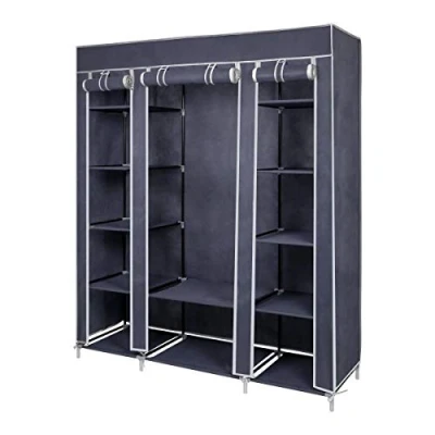 Afbeelding van Meerveil Stoffen kast voor slaapkamer, kledingkast, inklapbaar, met zes ritssluitingen en drie deuren, snelle toegang, 175 x 150 45 cm, grote opbergruimte, grijs