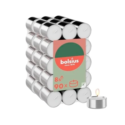 Afbeelding van Bolsius Grote verpakking theelichtjes 90 stuks. 8 branduren wit lengte brandduur decoratieve kaarsen voor huishoudelijk gebruik zonder palmolie schoon branden