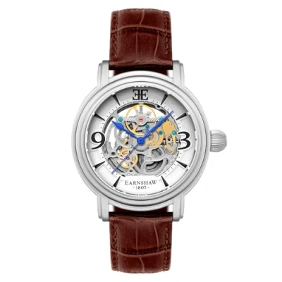 Afbeelding van Thomas Earnshaw Longcase groot skelet automatisch herenhorloge 48 mm met open hartwijzerplaat en armband van echt leer ES 8011, Wit/Bruin, riem