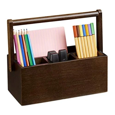 Afbeelding van Relaxdays pennenbakje bamboe bureau organizer met handgreep pennenbak bruin hout