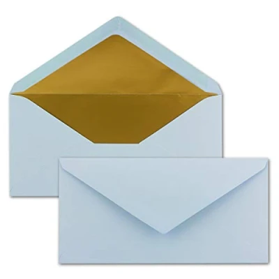 Afbeelding van 50 enveloppen DIN lang lichtblauw met goud metallic binnenvoering 110 x 220 mm nat lijmen feestelijke voor doop &amp; geboorte