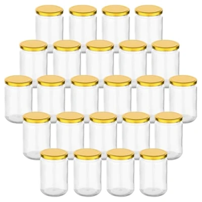 Afbeelding van gouveo Set van 24 weckpotten, 350 ml, rond, met schroefdeksel, goudkleurig, voorraadpotten schroefsluiting, schroefpotten voor het inmaken en bewaren