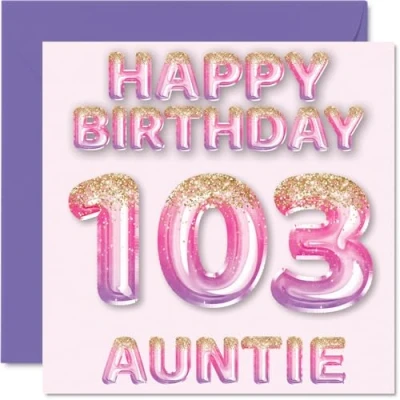 Afbeelding van 103e verjaardagskaart voor tante roze en paarse glitterballonnen gelukkige verjaardagskaarten 103 jarige uit neef nichtje, 145 mm x cadeau