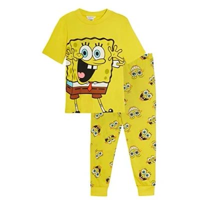 Afbeelding van SPONGEBOB SQUAREPANTS Kinderpyjama, knusse pasvorm, jongens en meisjespyjama, volledige lengte, met korte mouwen, T shirt, uniseks, cadeau, Geel, 5 6 jaar