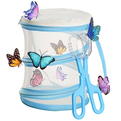 Afbeelding van TAIZER Vlinderhabitat Vlinder Habitat Kooi Inklapbare Insectenvanger Net Insect en Habitatkooi pop up Ontwerp Insectenkooi Rond Gaas (blauw)