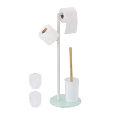 Afbeelding van Relaxdays toiletaccessoires set wc borstel met houder rvs staande toiletrolhouder wit