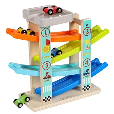 Afbeelding van TOWO Houten Auto Ramp speelgoed Zig Zag Car Slide met 4 Wooden Cars &amp; Roof Top Park speelsets Click Clack Track voor peuters Racing kinderen Jongens Meisjes 1 2 3