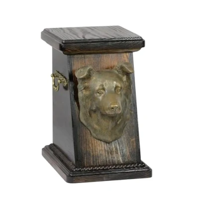 Afbeelding van Art Dog Custom Memorial Urn Handgemaakte Box Koudgegoten bronzen hondenkop op berkenbasis 19cmx32cmx30cm Bordercollie