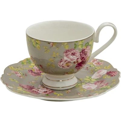 Afbeelding van Clayre &amp; Eef Kop en schotel 200 ml Groen Wit Porselein Rond Bloemen Servies