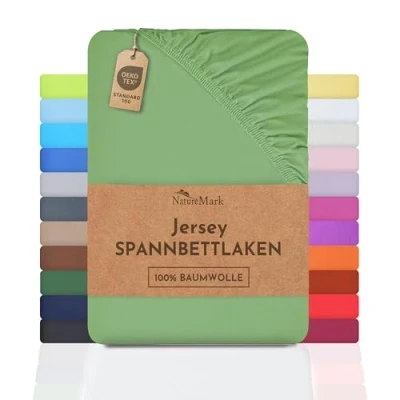 Afbeelding van NatureMark Jersey hoeslaken, 100% katoen, in vele maten en kleuren, merkkwaliteit, Öko Tex standaard 100, 180 x 200 cm tot cm, jadegroen