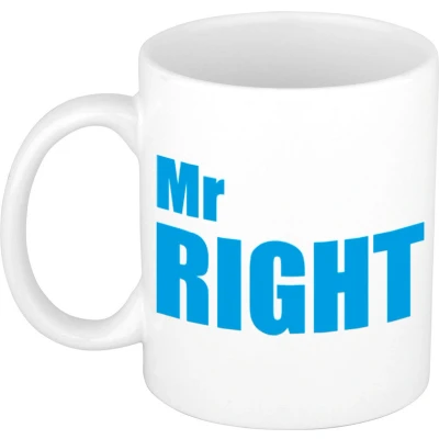 Afbeelding van Mr right cadeau mok / beker wit met blauwe blokletters 300 ml feest mokken