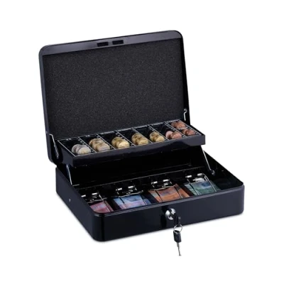 Afbeelding van Relaxdays geldkistje met telbord, euro&#039;s, afsluitbaar, 2 sleutels, 4 vakken voor briefjes, 8,5 x 30,5 24,5 cm, zwart