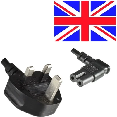 Afbeelding van Stroomkabel met haakse C7 plug en Britse (type G) stekker 2x 0,75mm / zwart 1,8 meter
