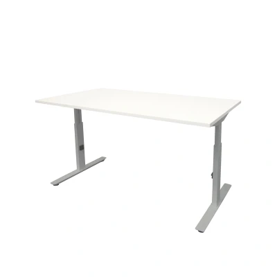 Afbeelding van Linesto Plus bureau, hoogte instelbaar (65 85cm) met 180x80cm krijtwit 25mm blad en aluminium (RAL9006) t poot frame rechte tenen