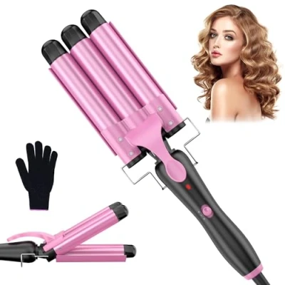 Afbeelding van Beach Waves Krultang met 3 stangen, 25 mm, kleine krullen, keramische krultang, temperatuurinstelling, snelle opwarming handschoen, roze