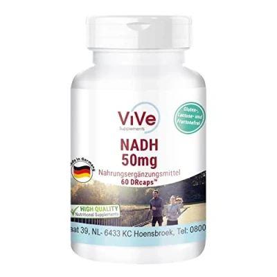 Afbeelding van NADH 50 mg 60 capsules, veganistisch en stabiel vertraagde DRcaps 2 maanden levering Kwaliteit uit Duitsland ViVe Supplements