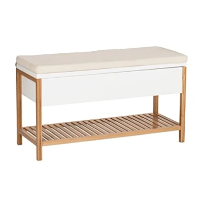 Afbeelding van WENKO Schoenenbank met opbergvak Finja, zitbank zitkussen, opbergruimte en schoenenrek in Scandi Chic, deksel opklapbaar, van hoogwaardig, duurzaam bamboe gecombineerd MDF, 90 x 52 35 cm