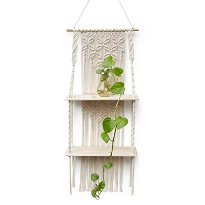 Afbeelding van Afuly Macrame wandophangplank, boho, drijvende plank, handwerk, boheemse decoratie, schattige 2 lagen geweven planken voor badkamerplanten, fotolijst, thuis opslag en organisator