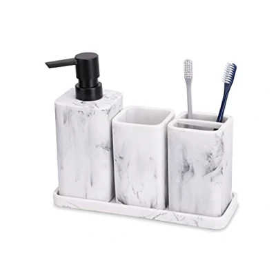 Afbeelding van zccz Badkameraccessoiresets marmeren ontwerp 4 delige badkameraccessoires complete set zeepdispenser, tandenborstelhouder, badkamerlade, badkamerbeker organizer voor het aanrecht van de