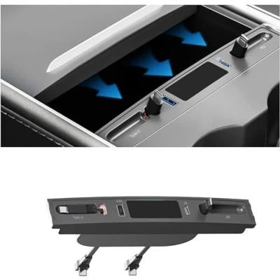 Afbeelding van OBEST USB Hub Tesla Autolader, voor Model 3/Y, Center Console Adapter, Snel opladen Multiport Docking Station, Accessoires Automatische intrekbare oplaadkabel