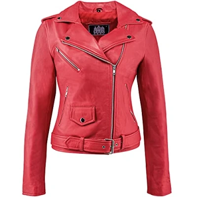 Afbeelding van Urban Leather Perfecto Retro leren damesjack rood lamsnappa, rood, maat 3XL 48, UR 197
