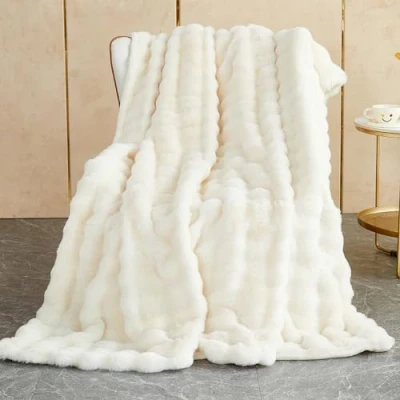 Afbeelding van SHANNA Zachte warme pluche fleecedekens van konijn, dik 1000 g/m², plaids voor bank, grote pluizige veelzijdige deken slaapkamer, reizen, kinderen, camping (wit, 100 x 160 cm)
