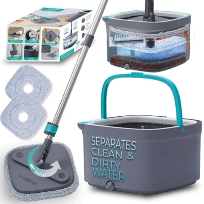 Afbeelding van True &amp; Tidy, Clean SPIN Mop en Bucket System, Inclusief Mop, Dual Compartiment Emmer 2 Dikke Wasbare Microfiber Pads, 800A, Grijs