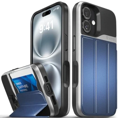 Afbeelding van VENA vCommute voor iPhone 16 Wallet Case, [Militaire Grade Drop Protection] Flip Lederen Cover Slot Kaarthouder met Standaard Blauw