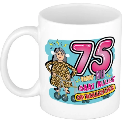 Afbeelding van Bellatio Decorations Cadeau / Verjaardag mok 75 jaar vrouw rollator keramiek vrouwen cadeautjes feest mokken