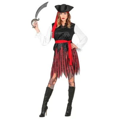 Afbeelding van Widmann Piraat &amp; Viking Kostuum Zeer Ervaren Schatzoeker Vrouw Rood, Zwart Small Carnavalskleding Verkleedkleding