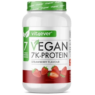 Afbeelding van Vegan 7K Protein 1kg Aardbei Puur plantaardig proteïnepoeder met rijst , amandel soja erwten hennep cranberry en zonnebloemproteïne