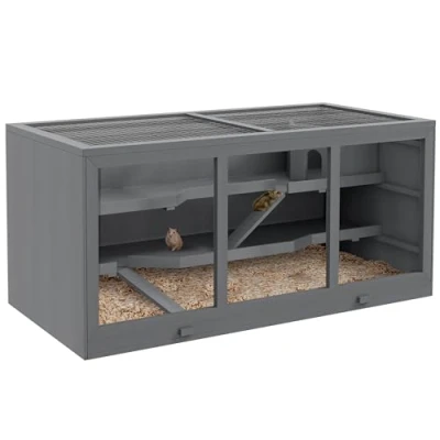 Afbeelding van PawHut Zwerghamsterkäfig Nagerkäfig Kleintierstall aus Holz Mäusekäfig mit Treppen Kleintierkäfig Nagervilla Dreistöckig Grau 115 x 57 55 cm