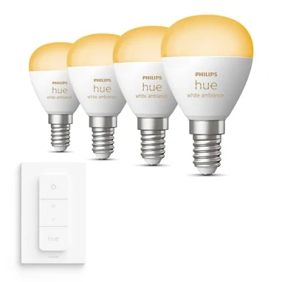 Afbeelding van Philips Hue Starterspakket White Ambiance Kogellamp E14 4 Lampen en Dimmer Switch Eenvoudige Installatie Werkt met Alexa Google Home