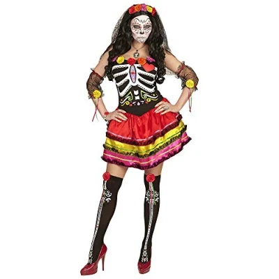 Afbeelding van Widmann Kostuum Mujer Dia De Los Muertos, jurk, vingerloze handschoenen, kniekousen, hoofdsieraad met sluier