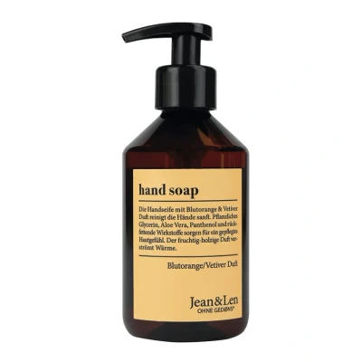 Afbeelding van Jean &amp; Len Handzeep Blood Orange Vetiver, vloeibare zeep in pompdispenser voor schone en verzorgde handen, fruitig bosachtige geur, zonder parabenen, siliconen microplastics, veganistisch, 250 ml
