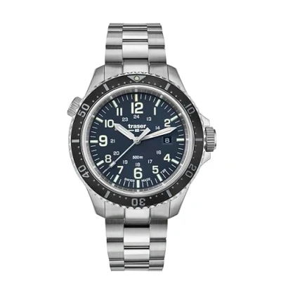 Afbeelding van Traser Heren analoog kwarts horloge met roestvrij stalen Armband 109375, zilver zwart blauw,