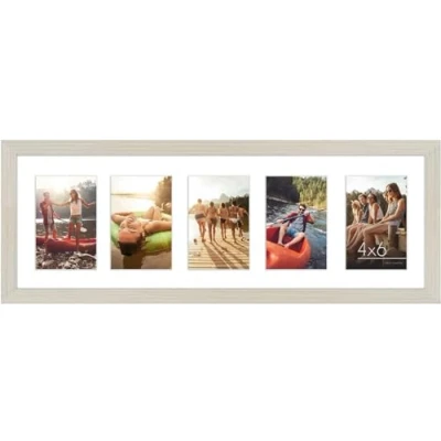 Afbeelding van Americanflat 8x24 Collage fotolijst met vijf 4x6 displays in licht hout composiet breekbestendig glas horizontale en verticale formaten voor muur