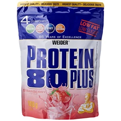 Afbeelding van WEIDER Proteïne 80 Plus eiwitpoeder, aardbeien, lowcarb, meercomponenten Casein Whey Mix voor eiwitshakes, 500 g