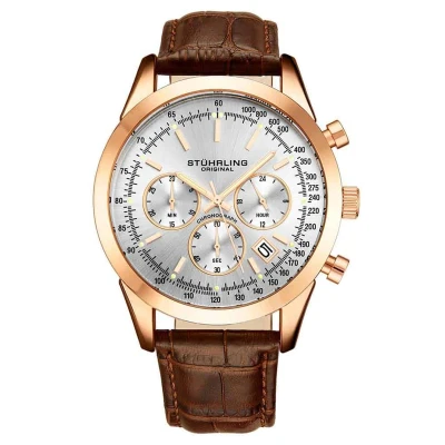 Afbeelding van Stührling Rialto 3975L Quartz 44mm Chronograaf Horloge Zilveren Wijzerplaat / rozekleurige Kast Bruine Leren Band Tang Gesp Waterbestendig 10 ATM van Alligator geprint Leer