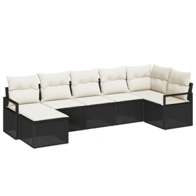 Afbeelding van vidaXL 7 delige Tuin Sofa Set met Kussens Zwart Poly Rattan, 2 zits Opbergruimte &amp; Rattan