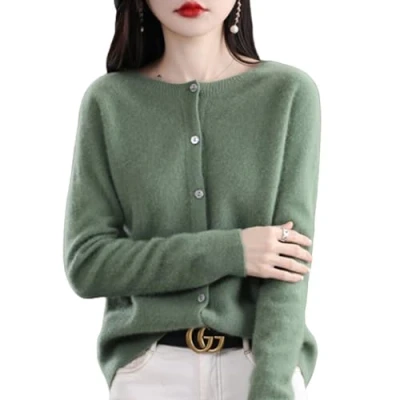 Afbeelding van TeysHa Dames kasjmier vest trui,Wollen ronde hals button down lange mouw trui, zachte warme gebreide elastische truien, Grenen Groen, XXL