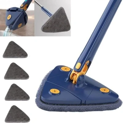 Afbeelding van Earnmore 360 graden driehoekige reinigingsmop, telescopische mop, draaibare verstelbare dweil, multifunctionele push pull automatische knijpmop (blauw + 4 pads)