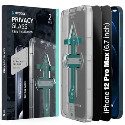 Afbeelding van Deppa [2 Stuks] Privacy Screen Protector voor iPhone 12 Pro Max (6.7&#039;) Schermbeschermer Gehard glas Volledige dekking met eenvoudig installatievak Anti Spy, Private, Dark, Black Film (Videogids)