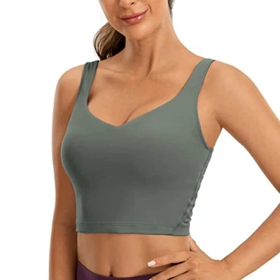 Afbeelding van CRZ YOGA Butterluxe Dames Sportbeha Met V hals En Gewatteerde Crop Top Ingebouwde Bh Grijze Salie L