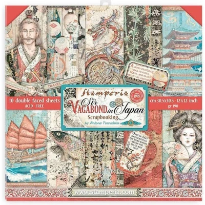 Afbeelding van Stamperia International Scrapbooking Pad Dubbelzijdig Sir Vagabond in Japan, Rood, Blauwgroen, Bruin, 30,5 x cm, SBBL95