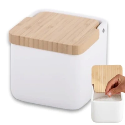Afbeelding van KOOK TIME zoutpot met deksel keramische zoutvat klapdeksel van natuurlijk milieuvriendelijk bamboe afmetingen 112 x cm mat wit
